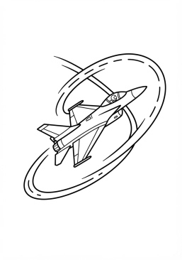 Voir le coloriage Avion de chasse effectuant une figure acrobatique dans le ciel bleu
