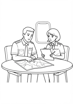 Voir le coloriage Briefing de vol entre pilotes dans une salle de préparation