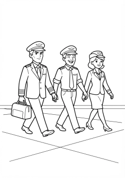 Voir le coloriage Équipage de pilotage marchant en formation sur le tarmac de l'aéroport