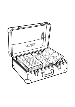 Voir le coloriage Valise de vol rigide contenant des documents papier et des cartes