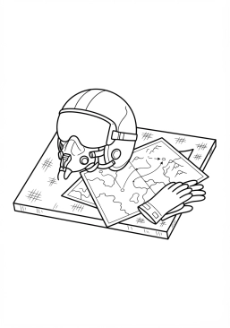 Voir le coloriage Casque de pilote militaire posé sur une table en métal avec des cartes de vol