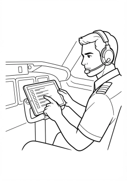 Voir le coloriage Pilote vérifiant la liste de contrôle (checklist) sur un écran tactile