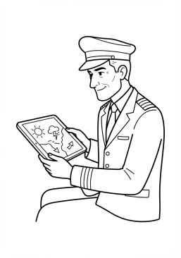 Voir le coloriage Pilote consultant sa tablette numérique pour la météo de vol