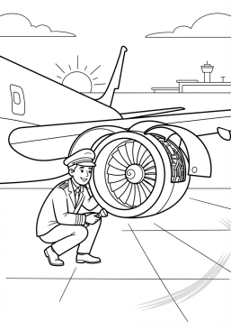 Voir le coloriage Pilote inspectant les réacteurs d'un avion sur le tarmac à l'aube