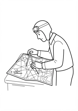 Voir le coloriage Pilote penché sur une carte aéronautique papier avec un compas