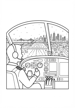 Voir le coloriage Reflet des lumières de la ville dans le pare-brise de l'avion en approche