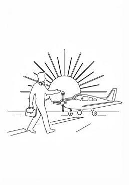 Voir le coloriage Silhouette d'un pilote marchant vers son avion au coucher du soleil