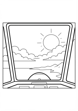 Voir le coloriage Vue depuis le pare-brise d'un avion volant au-dessus des nuages au coucher du soleil