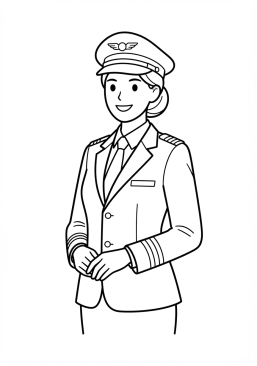 Voir le coloriage Jeune femme pilote souriant en uniforme complet avec casquette