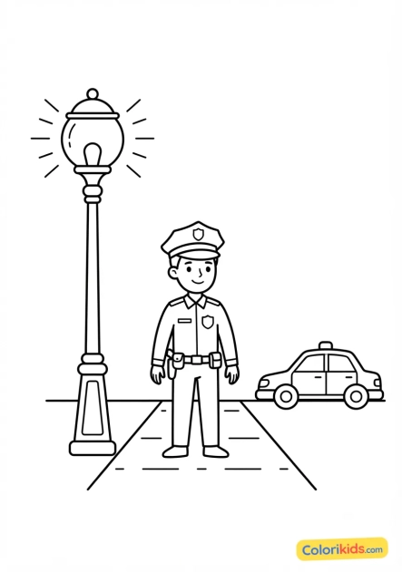 Coloriage à imprimer : lampadaire de ville et ronde de nuit