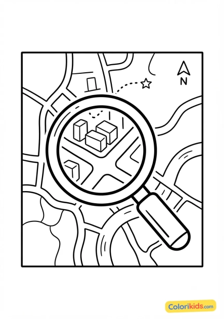 Coloriage à imprimer : loupe d'enquêteur sur une carte