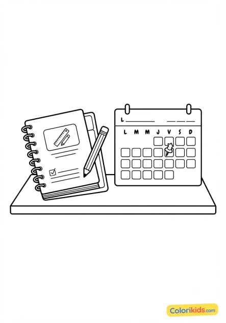 Coloriage à imprimer : bloc-notes et calendrier de classe