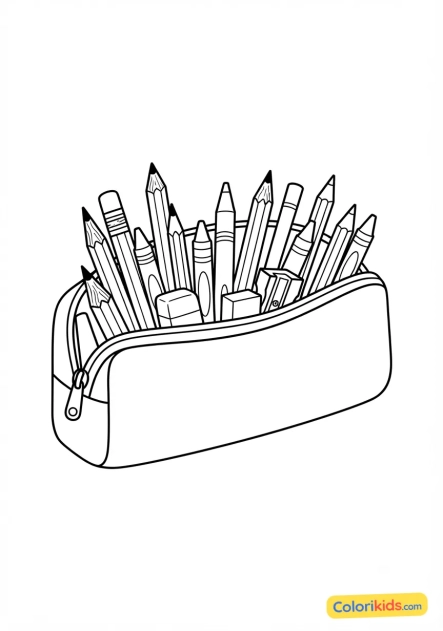 Coloriage à imprimer : trousse d'écolier remplie de crayons