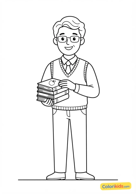 Coloriage à imprimer : maître d'école souriant avec ses livres