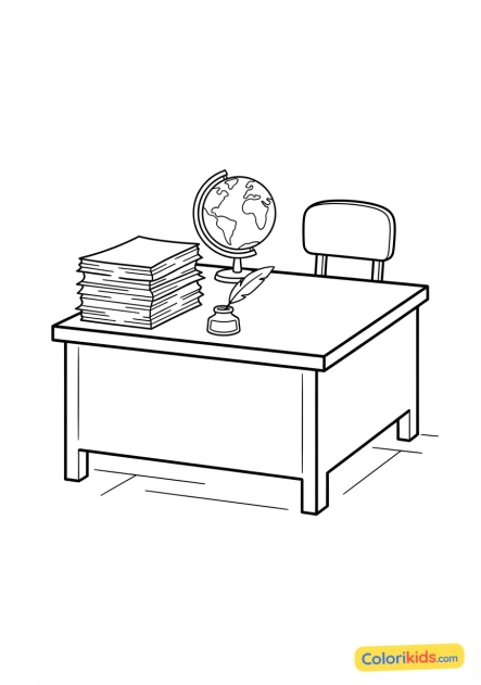 Coloriage à imprimer : bureau de professeur avec une pile de copies