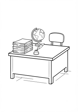 Coloriage Bureau de professeur avec une pile de copies