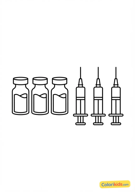 Coloriage à imprimer : flacons de vaccins et seringues stériles alignés