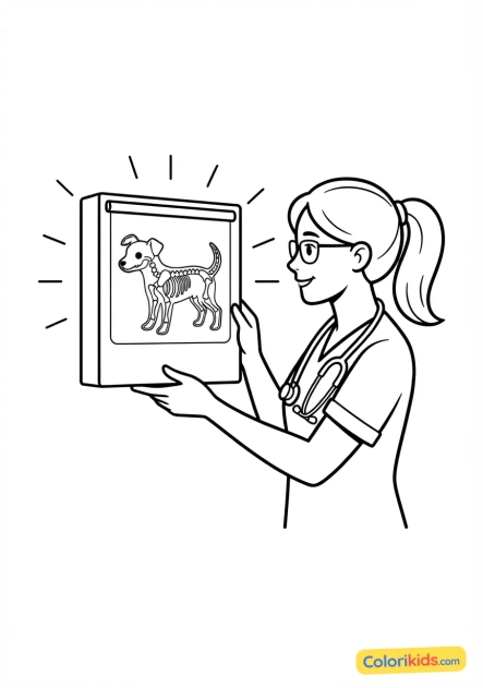 Coloriage à imprimer : vétérinaire attentif examinant la radiographie lumineuse d'un animal
