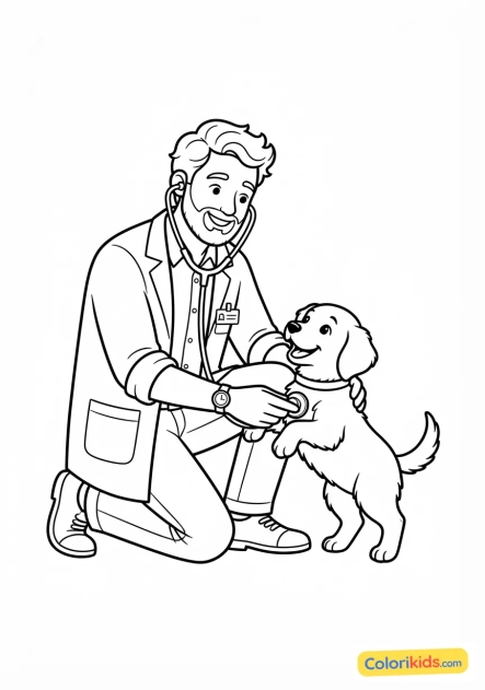 Coloriage à imprimer : vétérinaire bienveillant examinant un chiot joueur avec un stéthoscope