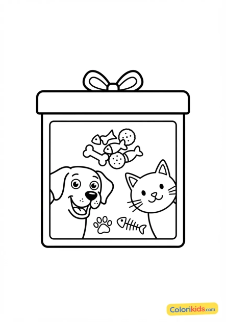 Coloriage à imprimer : boîte de friandises pour chiens et chats gourmands