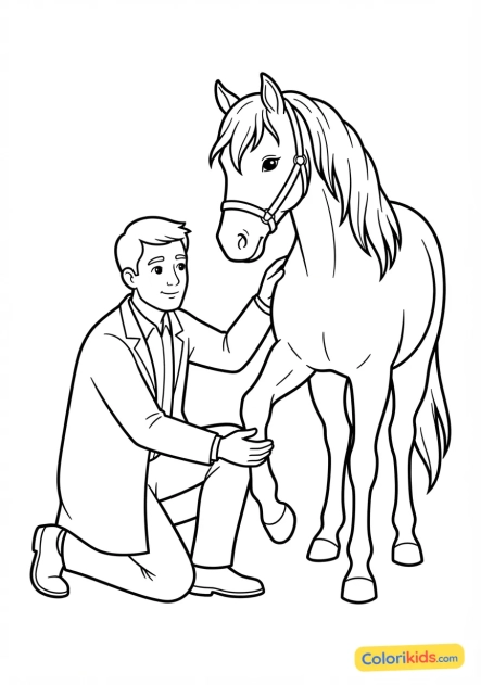 Coloriage à imprimer : vétérinaire équin examinant un magnifique cheval avec douceur et attention