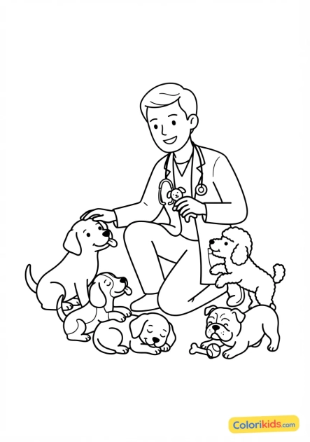 Coloriage à imprimer : vétérinaire heureux entouré d'une portée de chiots adorables