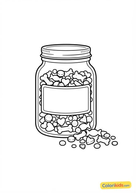 Coloriage à imprimer : pot de récompenses et croquettes appétissantes