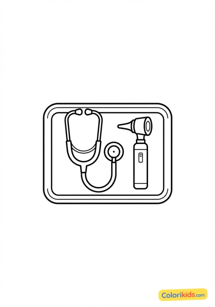 Coloriage à imprimer : stéthoscope médical et otoscope sur un plateau