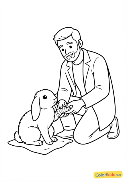 Coloriage à imprimer : vétérinaire passionné soignant la patte bandée d'un lapin câlin
