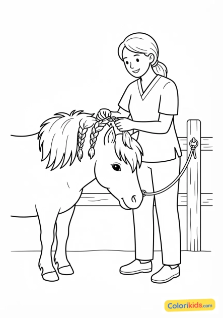 Coloriage à imprimer : vétérinaire patient tressant la crinière d'un poney avant son contrôle