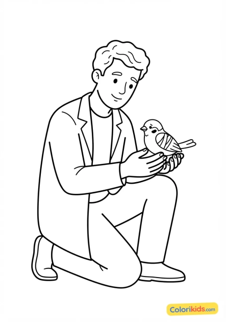 Coloriage à imprimer : vétérinaire sauveteur tenant délicatement un petit oiseau blessé dans ses mains