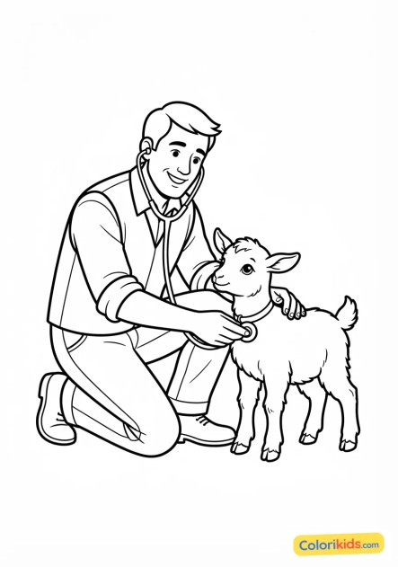 Coloriage à imprimer : vétérinaire rural auscultant une petite chèvre rurale avec un sourire
