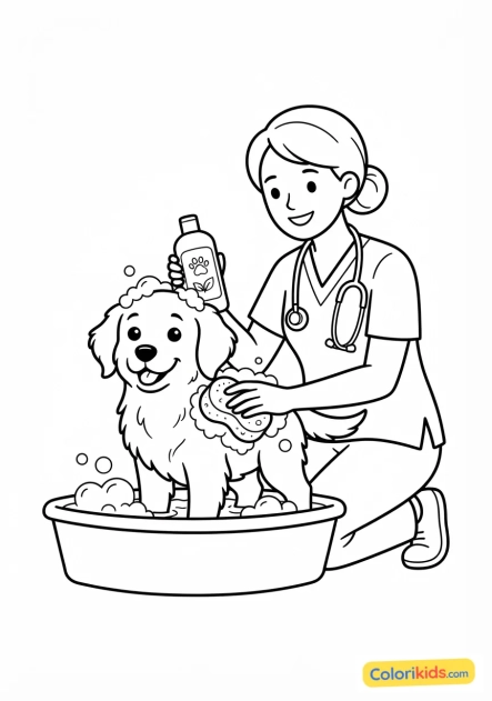 Coloriage à imprimer : vétérinaire faisant la toilette d'un chien