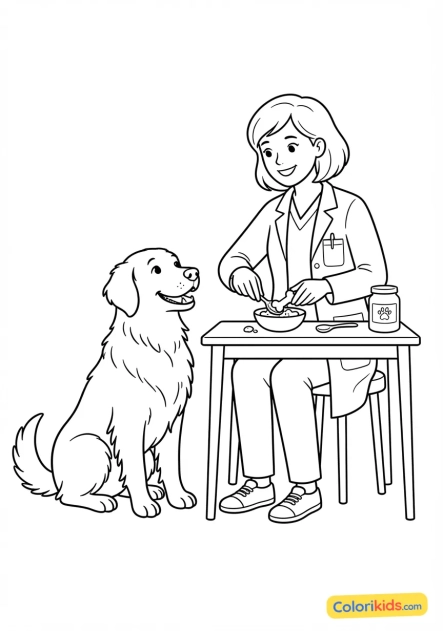 Coloriage à imprimer : vétérinaire préparant une délicieuse friandise vitaminée pour un grand chien