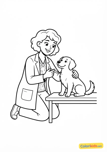 Coloriage à imprimer : vétérinaire à l'air enjoué vaccinant un chien amical dans un cabinet lumineux