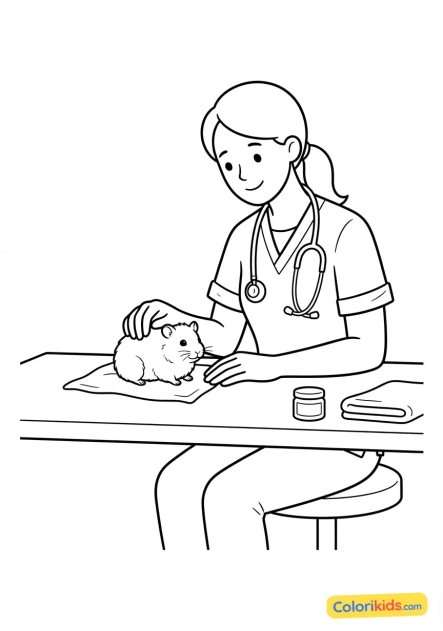 Coloriage à imprimer : vétérinaire au regard doux caressant un hamster blanc sur sa table de soin
