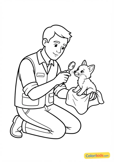 Coloriage à imprimer : vétérinaire spécialisé en faune sauvage examinant un petit renardeau