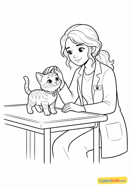 Coloriage à imprimer : jeune vétérinaire à l'expression douce caressant un chaton curieux sur sa table d'examen