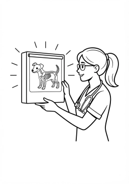 Voir le coloriage Vétérinaire attentif examinant la radiographie lumineuse d'un animal