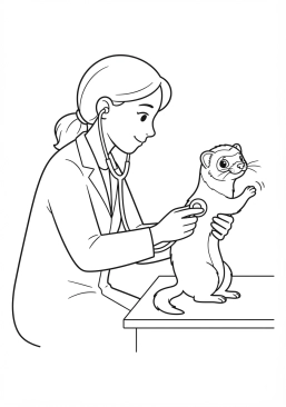 Voir le coloriage Vétérinaire attentif écoutant le rythme cardiaque d'un furet espiègle