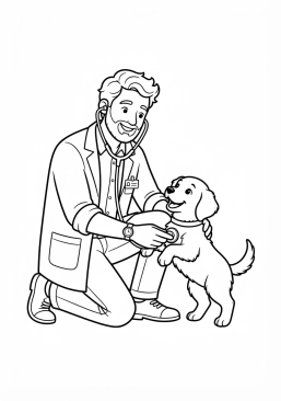 Voir le coloriage Vétérinaire bienveillant examinant un chiot joueur avec un stéthoscope