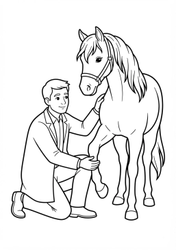 Voir le coloriage Vétérinaire équin examinant un magnifique cheval avec douceur et attention