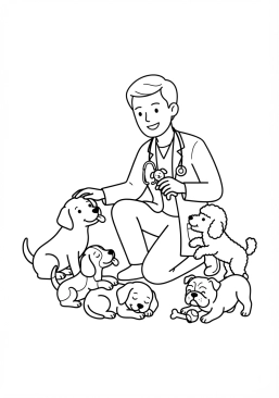 Voir le coloriage Vétérinaire heureux entouré d'une portée de chiots adorables