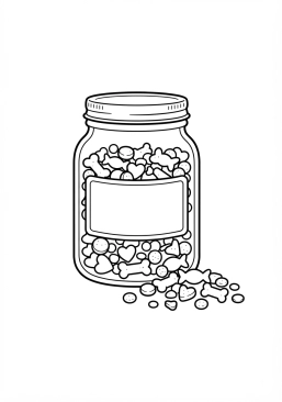 Voir le coloriage Pot de récompenses et croquettes appétissantes