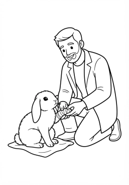 Voir le coloriage Vétérinaire passionné soignant la patte bandée d'un lapin câlin