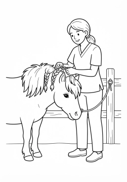 Voir le coloriage Vétérinaire patient tressant la crinière d'un poney avant son contrôle