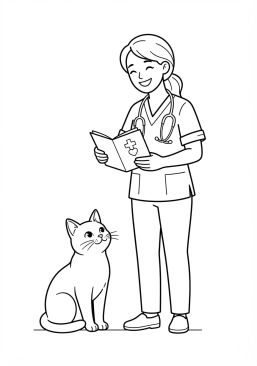 Voir le coloriage Vétérinaire rayonnant tenant un carnet de santé sous le regard d'un chat
