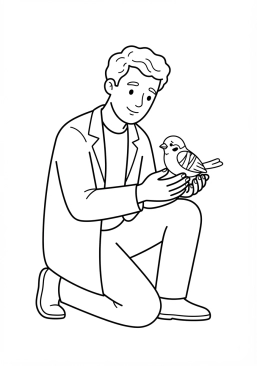 Voir le coloriage Vétérinaire sauveteur tenant délicatement un petit oiseau blessé dans ses mains