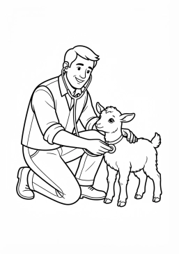 Voir le coloriage Vétérinaire rural auscultant une petite chèvre rurale avec un sourire