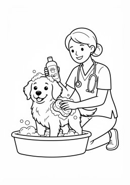 Voir le coloriage Vétérinaire faisant la toilette d'un chien